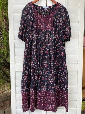 Only Necessities Black Nightdress MuuMuu with Pink Floral and Burgundy Trim